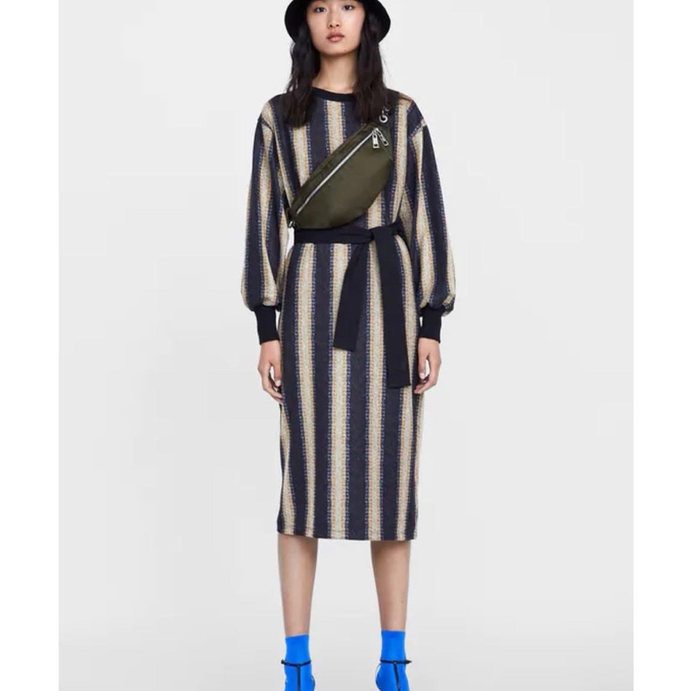 Zara Circular Small Striped Knit Dress with Belt